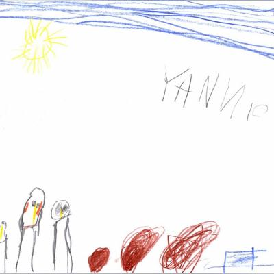Kinderbild mit 4 Pinguinen auf der rechten Seite. In der Bildmitte 3 braune Kreise als Steine, rechts blaue Vierecke als Wasserbecken. Darüber blauer Himmel und Sonne, rechts in der oberen Bildhälfte der Schriftzug Yannic.