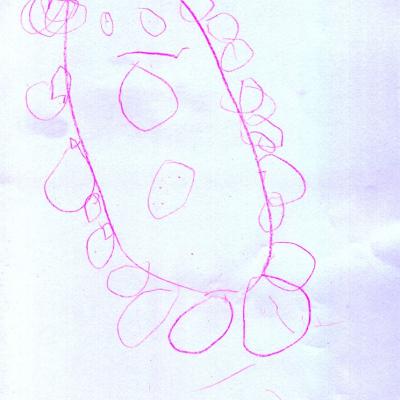 Kinderzeichnung eines Pinguins in pink: Ein langgezogenes Oval mit Augen und einem Strich als Schnabel. Ringsum Kreise, 2 auf dem Bauch, unten 2 größere als Füße.