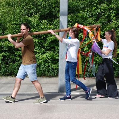 Herr Kling, Frau Fuhrmann und Frau Lipovski tragen den Maibaum über den Hof. Im Hintergrund sind eine Säule und grüne Hecken zu sehen.