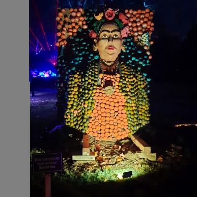 Eine Figur aus verschiedenen Früchten die beleuchtet ist.
