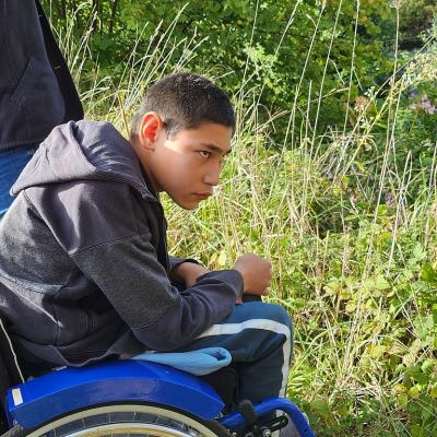 Schüler sieht man im Rollstuhl von der Seite aufgenommen, der Rollstuhl ist blau, der Schüler schaut interessiert auf in die Umgebung, im hintergrund ist das hohe grüne Gras und die grünen bäume zu sehen 