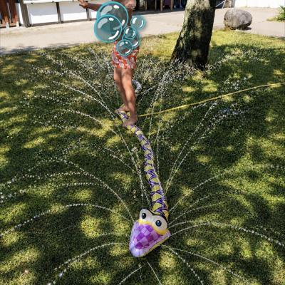 Ein Junge spielt mit dem Schangen-Wasserspiel und lacht in die Kamera